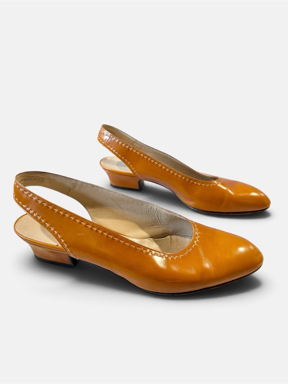 Vintage Celine Paris Cognac Leather Slingback Pumps 38 Low Heel Contrast Stitch